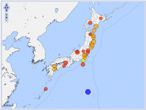 20130306から20160305の震度5弱以上の震央分布